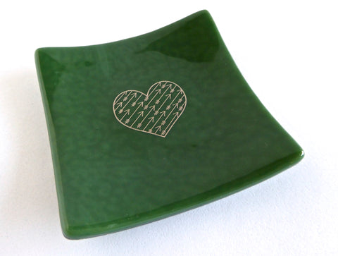 Fused Glass Heart Ring Dish in Dark Forest Green