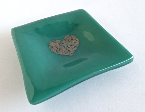 Fused Glass Heart Ring Dish in Teal Green
