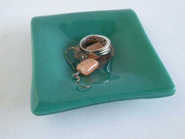 Fused Glass Heart Ring Dish in Teal Green