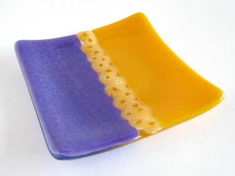 Fused Glass Murrini Plate in Purple and Sunflower Yellow