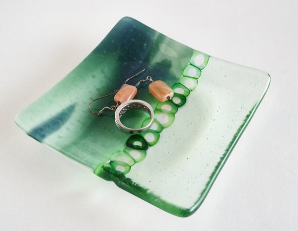 Fused Glass Murrini Plate in Pale and Streaky Green