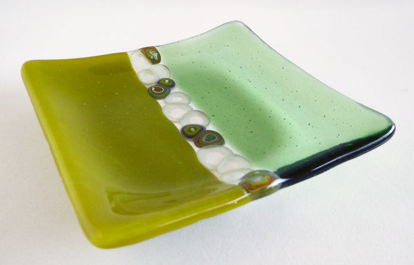 Fused Glass Murrini Plate in Pea Pod and Leaf Green