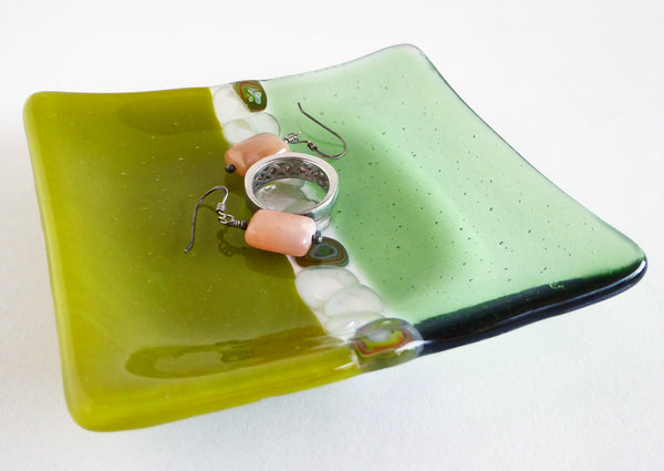 Fused Glass Murrini Plate in Pea Pod and Leaf Green