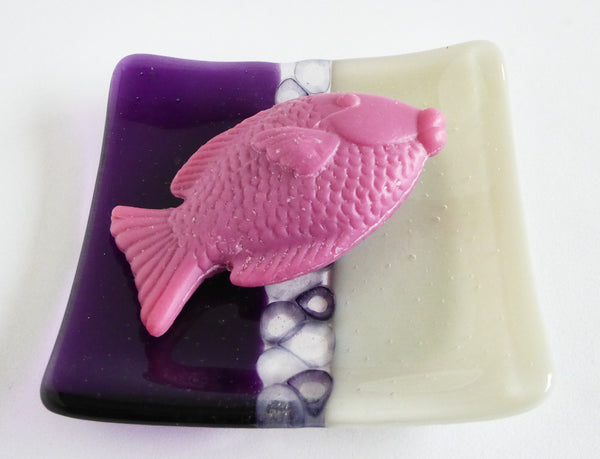Fused Glass Murrini Plate in Violet and Driftwood Gray