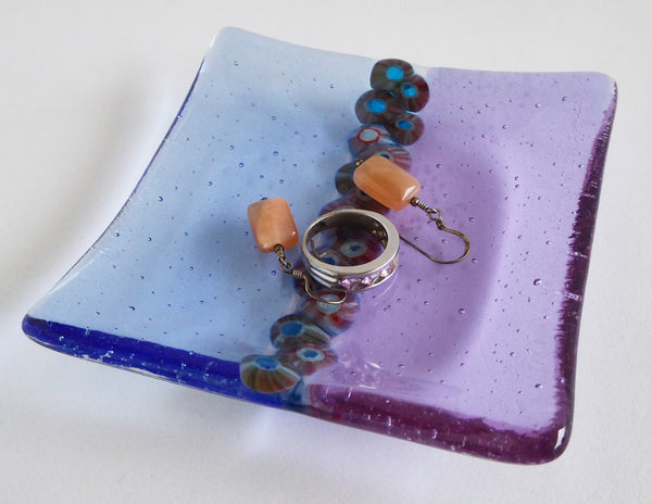Fused Glass Murrini Plate in Lavender and Light Sky Blue