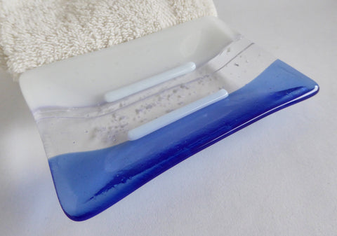 Large Fused Glass Soap Dish in White and Sky Blue