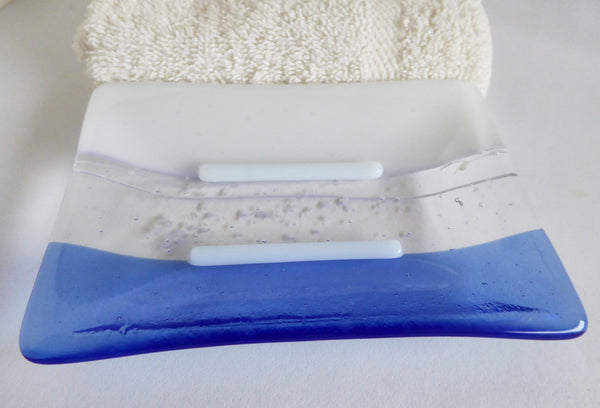 Large Fused Glass Soap Dish in White and Sky Blue