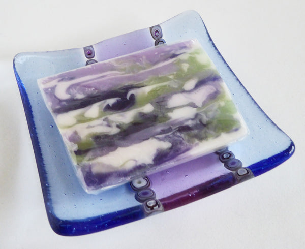 Fused Glass Murrini Plate in Lavender and Light Sky Blue