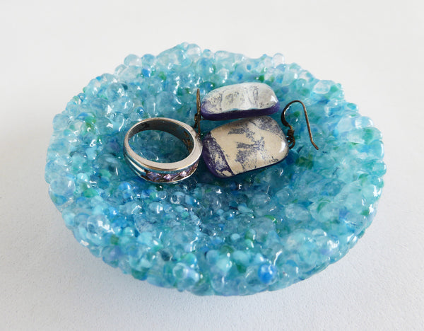 Fused Glass Opaline Ring Dish in Blue and Green