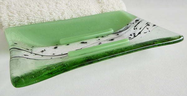 Large Fused Glass Soap Dish in Mint and Pale Green