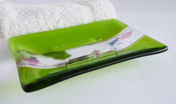 Large Fused Glass Soap Dish in Spring Green