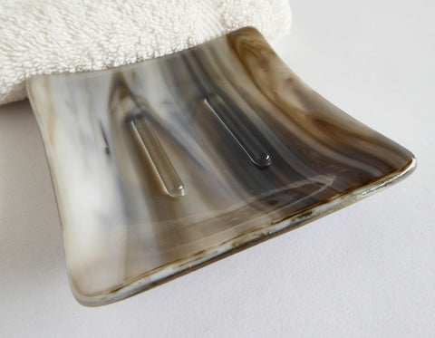 Fused Glass Square Soap Dish in Brown and White