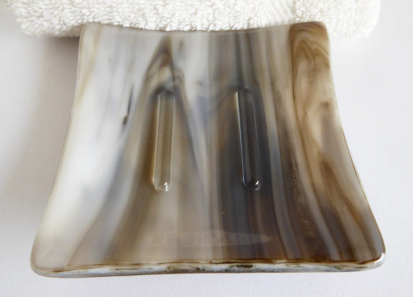 Fused Glass Square Soap Dish in Brown and White