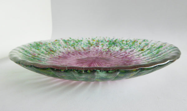 Fused Glass Bowl in Pink, Green and Clear