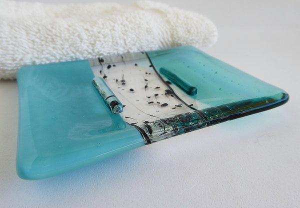Fused Glass Soap Dish in Aqua and Turquoise