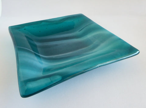 Fused Glass Dish in Streaky Peacock Blue and White