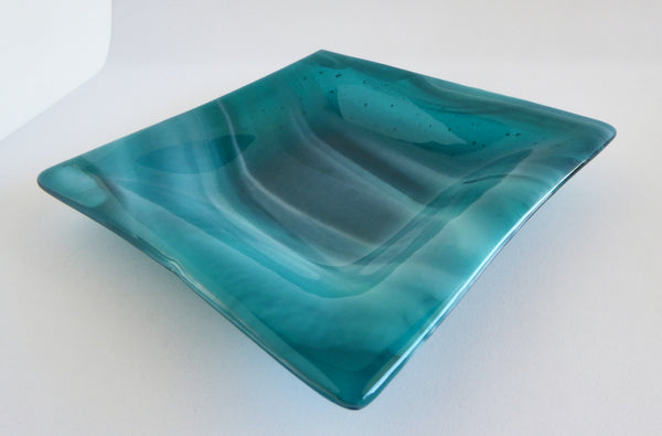 Fused Glass Dish in Streaky Peacock Blue and White