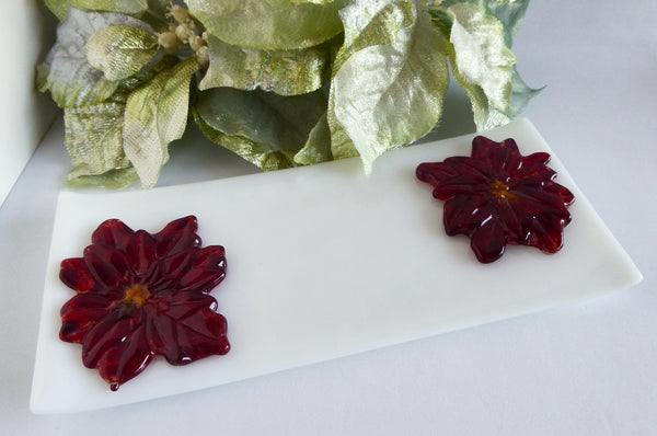 Fused Glass Poinsettia Tray in White and Red