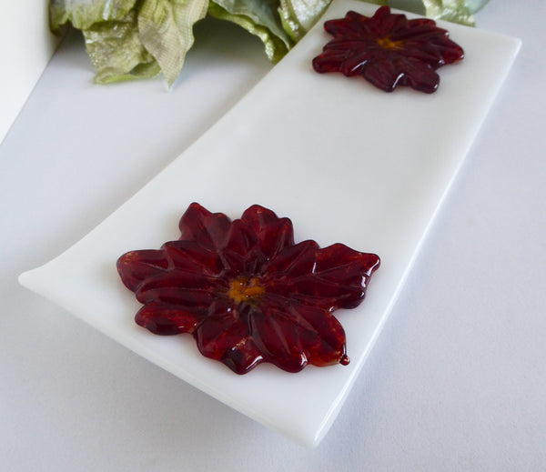 Fused Glass Poinsettia Tray in White and Red