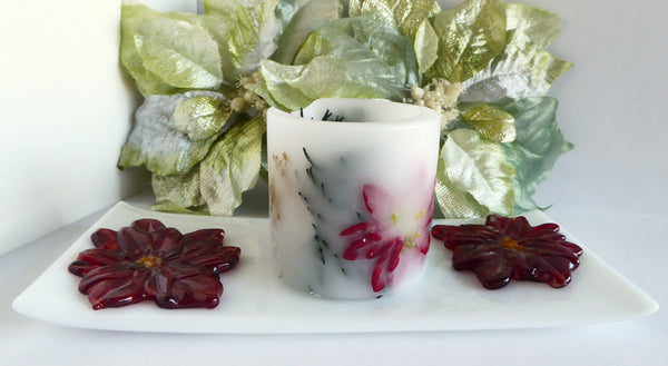 Fused Glass Poinsettia Tray in White and Red